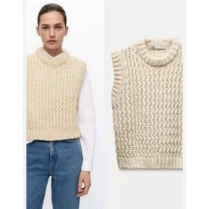 Zara Women’s Cable Knit Sweater Vest Wool Alpaca Blend Ivory Size Medium